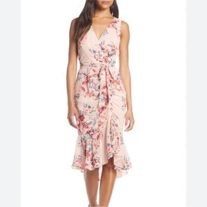 Eliza J Floral Ruched Chiffon Faux Wrap Dress